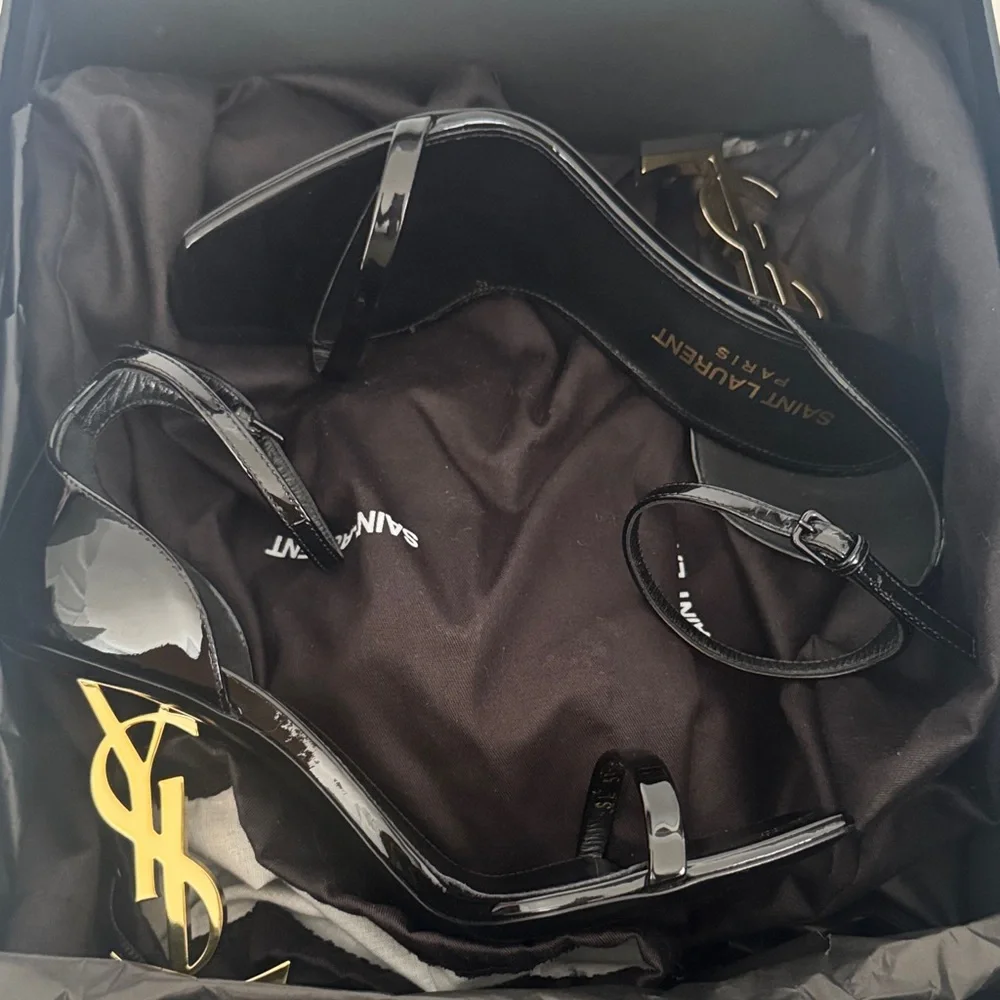 Yves Saint Laurent Black Patent Leather Heels with Gold Logo Heel - Picture 3 of 3